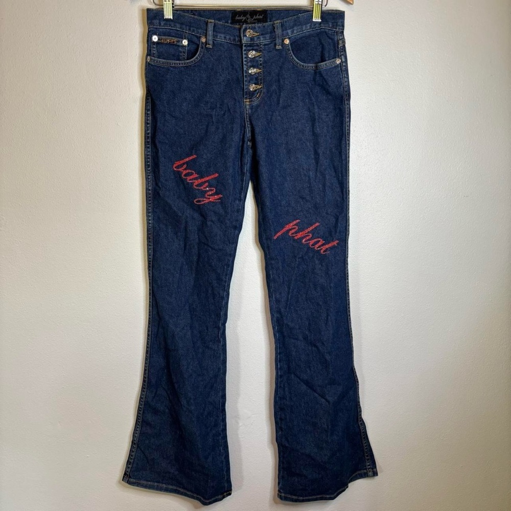 Baby Phat Dark Blue Flare Jeans with Red logo across the thighs sparkles